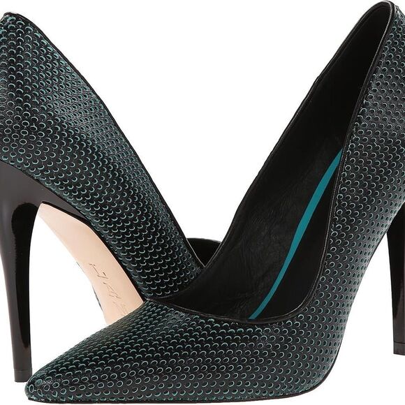 L.A.M.B. Bee Pump Perforated Mesh Leather Black Green Point Toe Slim Heel Sz 9 - Picture 9 of 13